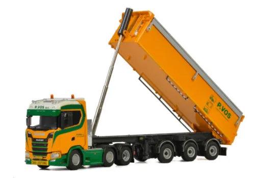 Orange dump tipper trailer diecast with green/yellow truck cab, raised bed