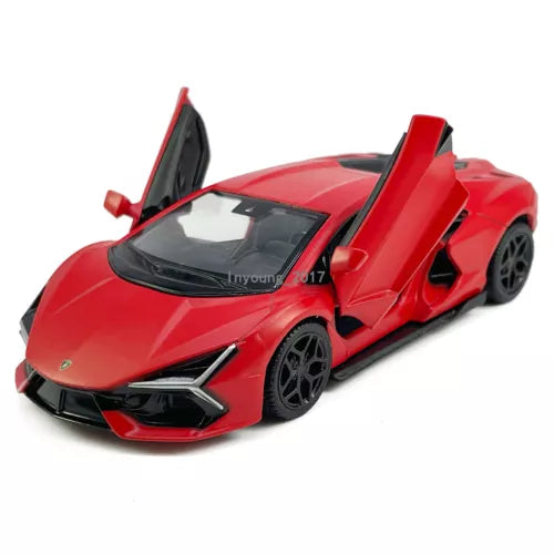 Red diecast sports car model with open scissor door, detailed black wheels and grille