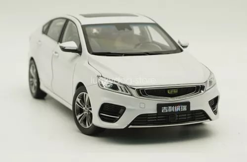 1/18 scale Geely Binrui white diecast model car, front 3/4 view with headlights and grille