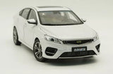 1/18 scale Geely Binrui white diecast model car, front 3/4 view with headlights and grille