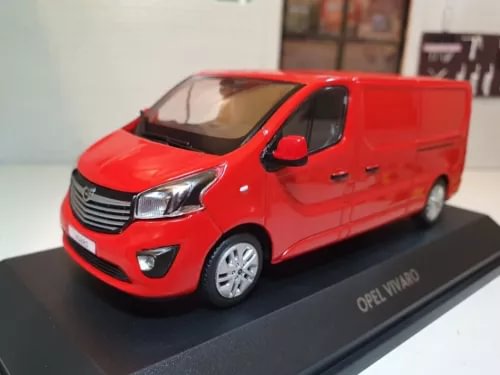 Red Opel Vivaro 1:43 diecast van model with front view and wheels