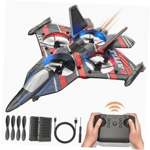RC drone airplane with handheld controller, blue and red