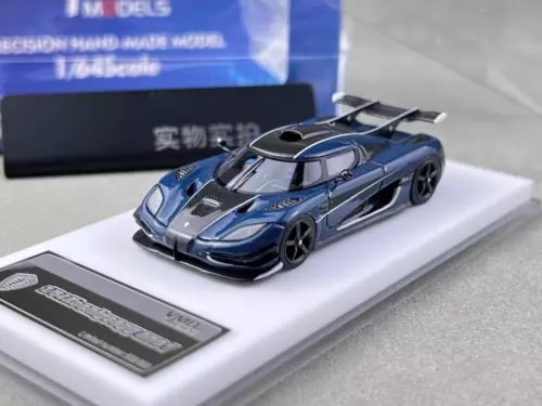 Blue and dark gray racing sports model diecast resin car, front 3/4 view
