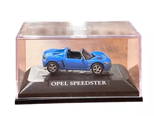 Diecast model car in clear display box, blue Opel Speedster, 1:72 scale