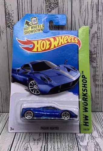 Blue Hot Wheels diecast Pagani Huayra #198 car with workshop logo, blister pack