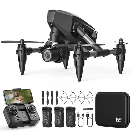 Mini quadcopter drone with camera, remote, spare propellers, batteries, carrying case
