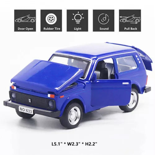 Blue alloy diecast model car, front three-quarter view, open hood