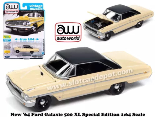 Beige 1964 Ford Galaxie 500 XL diecast car with black roof, scale 1:64