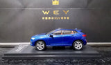 WEY VV7 diecast model car, blue, side view with silver wheels
