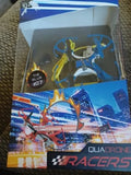 Blue racing drone in retail box, with quadcopter illustration and brand graphics