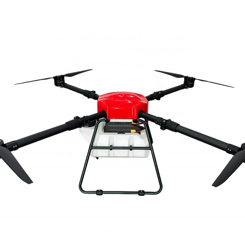 Agricultural sprayer drone with red top and four black propeller arms