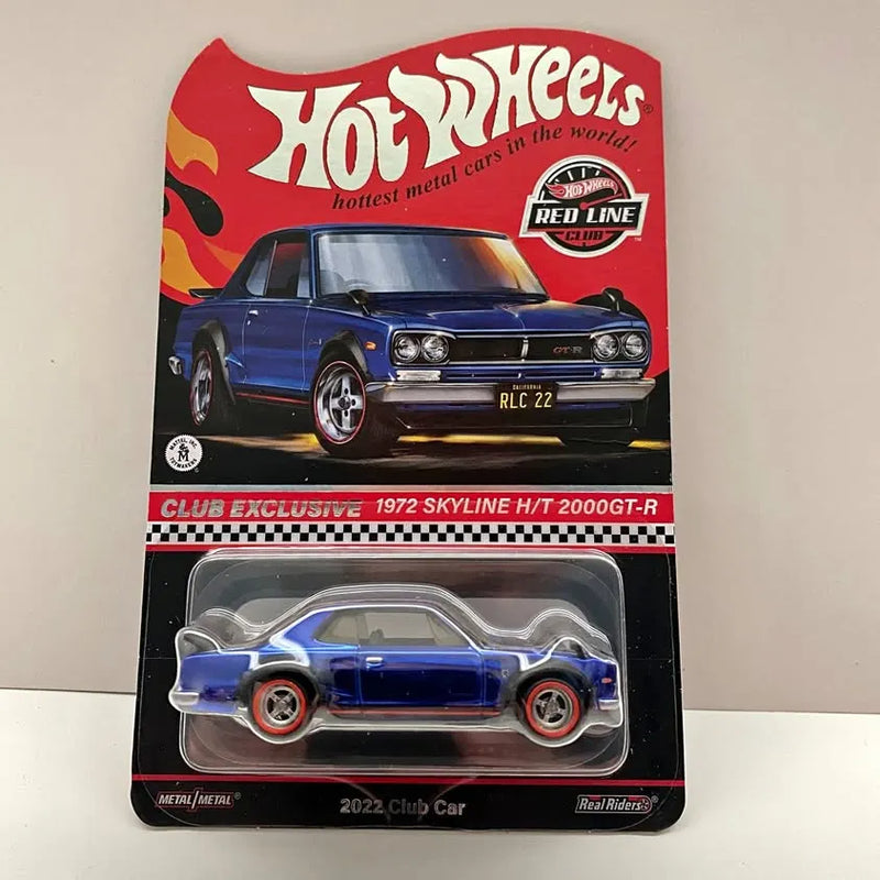 Blue 1972 Skyline diecast car in clear blister packaging, Red Line wheels