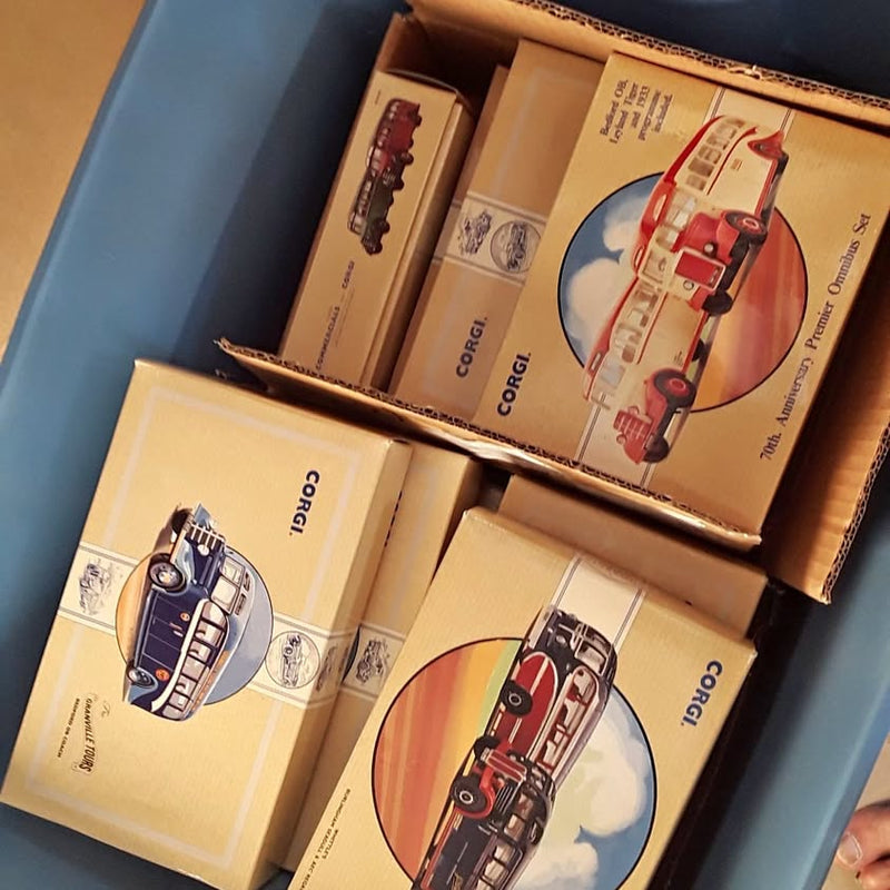 Corgi British diecast surprise box with red and black toy car models