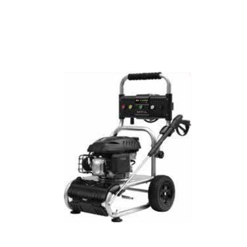 Gas pressure washer with black cart base, wheels, and spray gun