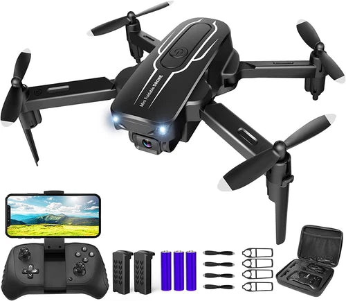 Mini quadcopter drone with camera, four propellers, and foldable arms; controller set