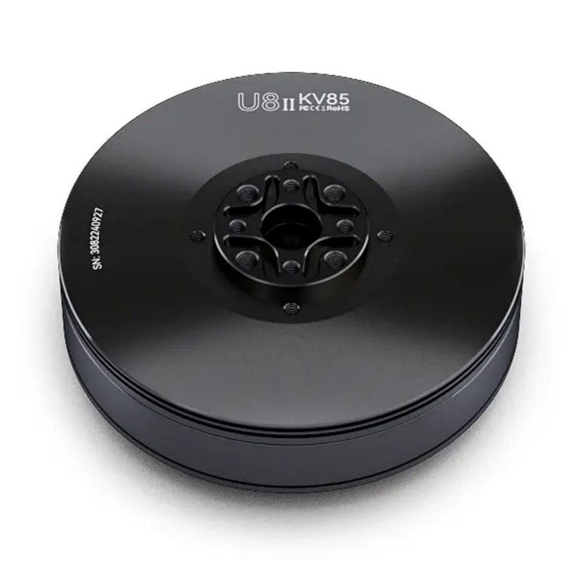 Black electric drone motor with circular housing and mounting hub