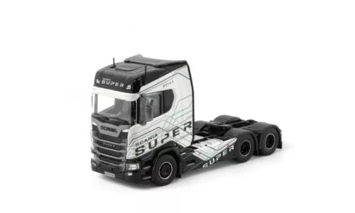 1:50 Scania highline 6x2 diecast truck, black and white cab with sleeper, front view