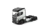 1:50 Scania highline 6x2 diecast truck, black and white cab with sleeper, front view