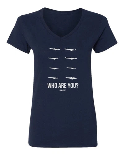 Navy women’s V-neck T-shirt with “WHO ARE YOU?” text and drone icons