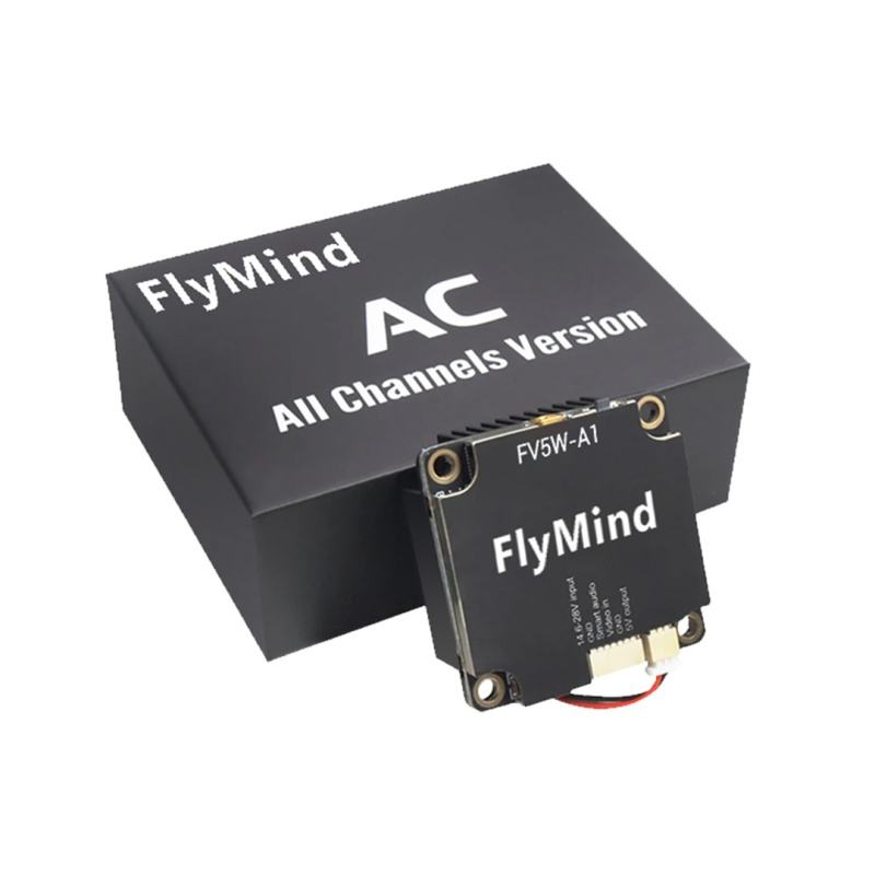 FPV video transmitter module with FlyMind branding, metal case, and coax connectors