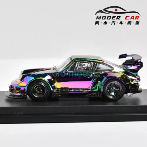 1:64 diecast sports car model with multicolor iridescent finish and black body