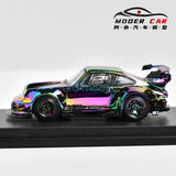 1:64 diecast sports car model with multicolor iridescent finish and black body