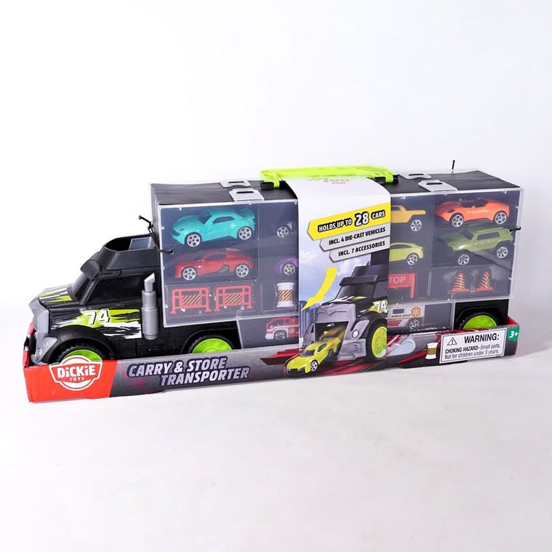 Toy car transporter storage box with two diecast cars and carry handle