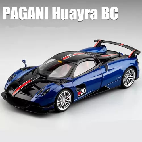 Blue and black Pagani Huayra BC diecast sports car model, number 20 detailing