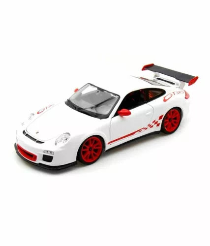 White 1:36 diecast sports car with red wheels and racing decals, front three-quarter view