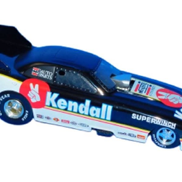 Blue diecast funny car model with Kendall sponsorship decals, 1:24 scale