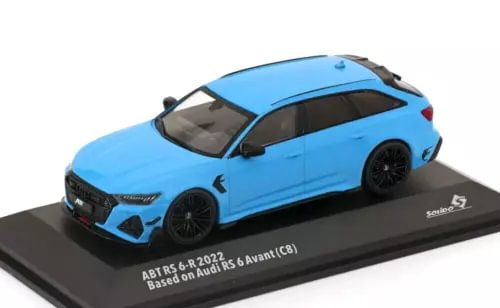 Audi RS6-R ABT station wagon diecast model, Miami blue, front view.