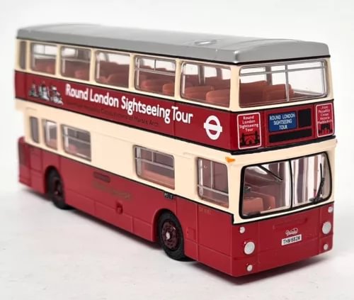 Red and white double-decker diecast bus with Round London Sightseeing Tour branding