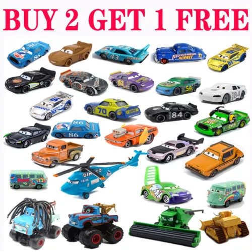 Diecast model car lot with assorted racing cars, loose pieces in mixed colors