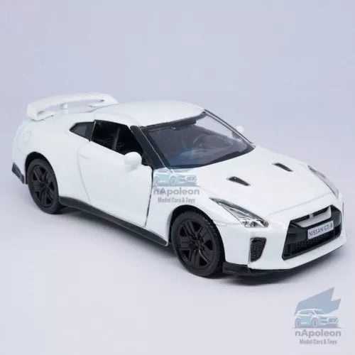 White 1:36 Nissian GTR R35 alloy diecast model car with black wheels, front view