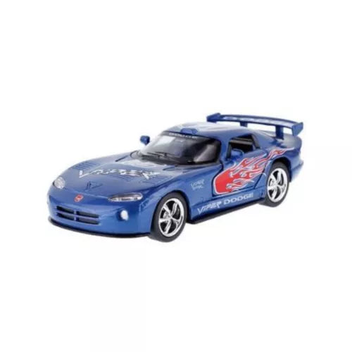 Blue diecast toy sports car with white graphics, 1:36 scale