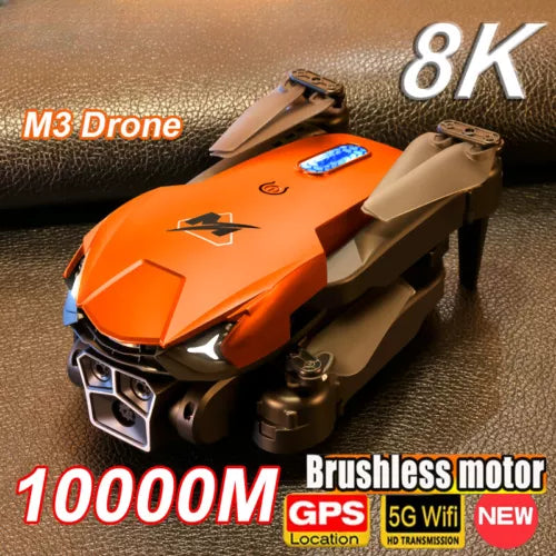 Orange foldable drone with front dual cameras and GPS module