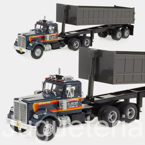 Blue and gray diecast dump truck with open loading bed, 1:43 scale model
