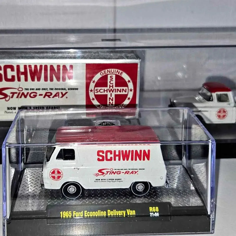 Schwinn Sting-Ray 1965 Ford Econoline delivery van diecast model, red and white