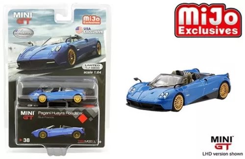 MINI GT 1/64 Pagani Huayra Roadster diecast model car, blue with black details