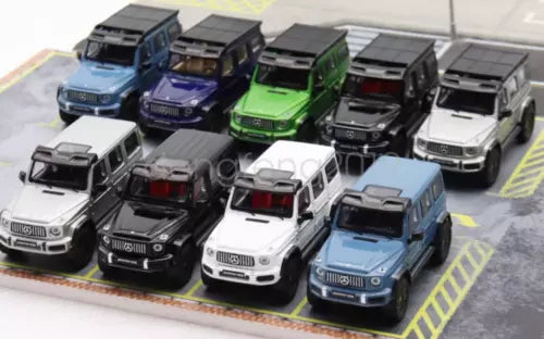 Diecast SUV model car collection with multiple colored off-road trucks