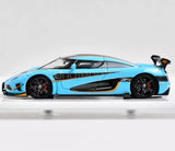 1:64 sports racing diecast car, light blue with black wheels and side stripe