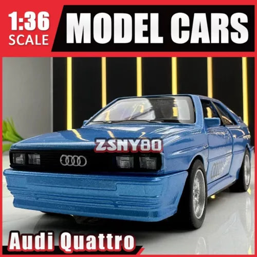 Blue Audi Quattro model car diecast, front view