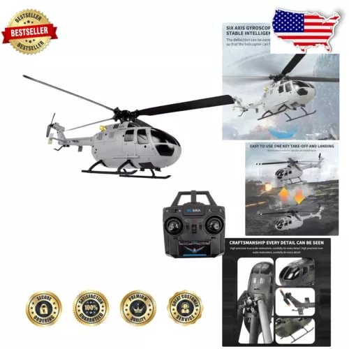 Gray helicopter-style drone with landing skids and black remote controller