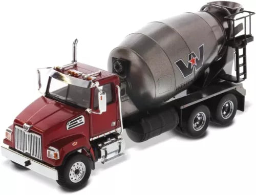 Diecast concrete mixer truck with metallic red cab and gray mixer drum