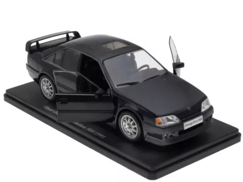 Black diecast model car of 1991 Opel Omega EVO 500 with open door