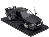 Black diecast model car of 1991 Opel Omega EVO 500 with open door