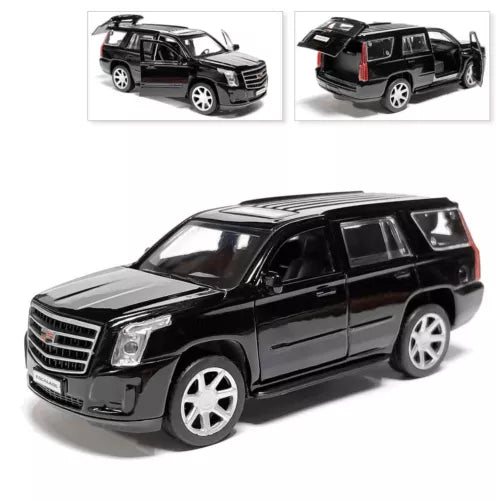 Cadillac Escalade 1/36 diecast SUV car, black, front three-quarter view, metal model