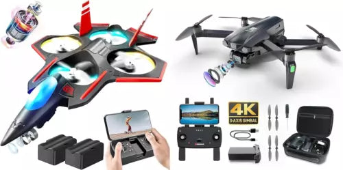 RC drone kit with camera, gray quadcopter drone and controller with accessories