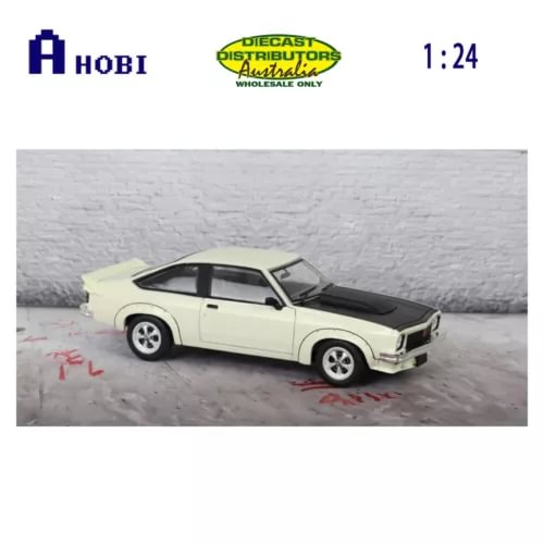 1:24 scale white diecast Holden A9X Torana model car with black hood