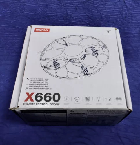 SYMA X660 remote control mini drone retail box with UFO-style drone diagram